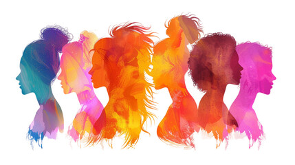 Women's Empowerment: Silhouette of Woman in Profile Surrounded by Multicultural Faces, Symbolizing Racial Equality, Anti-Racism, and Allyship - Vector Illustration on Transparent Background - obrazy, fototapety, plakaty