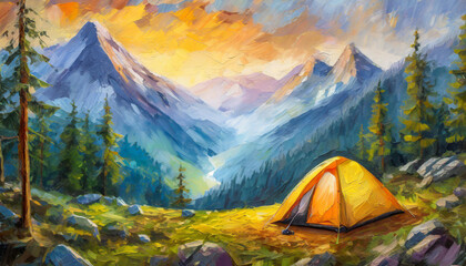 Oil painting camping site and landscape mountains forest, camp tent in the woods, summer outdoor - obrazy, fototapety, plakaty