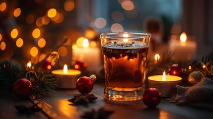 Schilderijen op glas hot tea in thermo glass with christmas decor and burning candles at home © Ahtesham