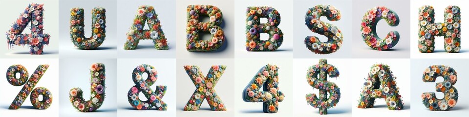 Fototapeta na wymiar Flowers 3D lettering typefavce. AI generated illustration
