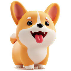 Simple fat cute funny kawaii fluffy cartoon orange corgi puppy, dot eyes, red tongue sticking out of mouth in standing playful pose. Lovely adorable pet minimal style. 3d render isolated transparent
