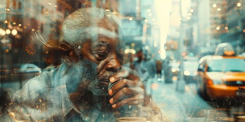 A senior African American man, with his distinguished black hair, savors a tranquil coffee moment within a double exposure image.
