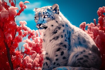 a white leopard sitting in snow - obrazy, fototapety, plakaty