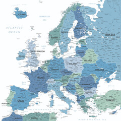 Europe - Highly Detailed Vector Map of the Europe. Ideally for the Print Posters. Blue Green White Colors - obrazy, fototapety, plakaty