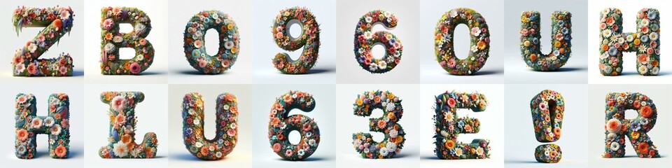 Flowers 3D lettering typefavce. AI generated illustration