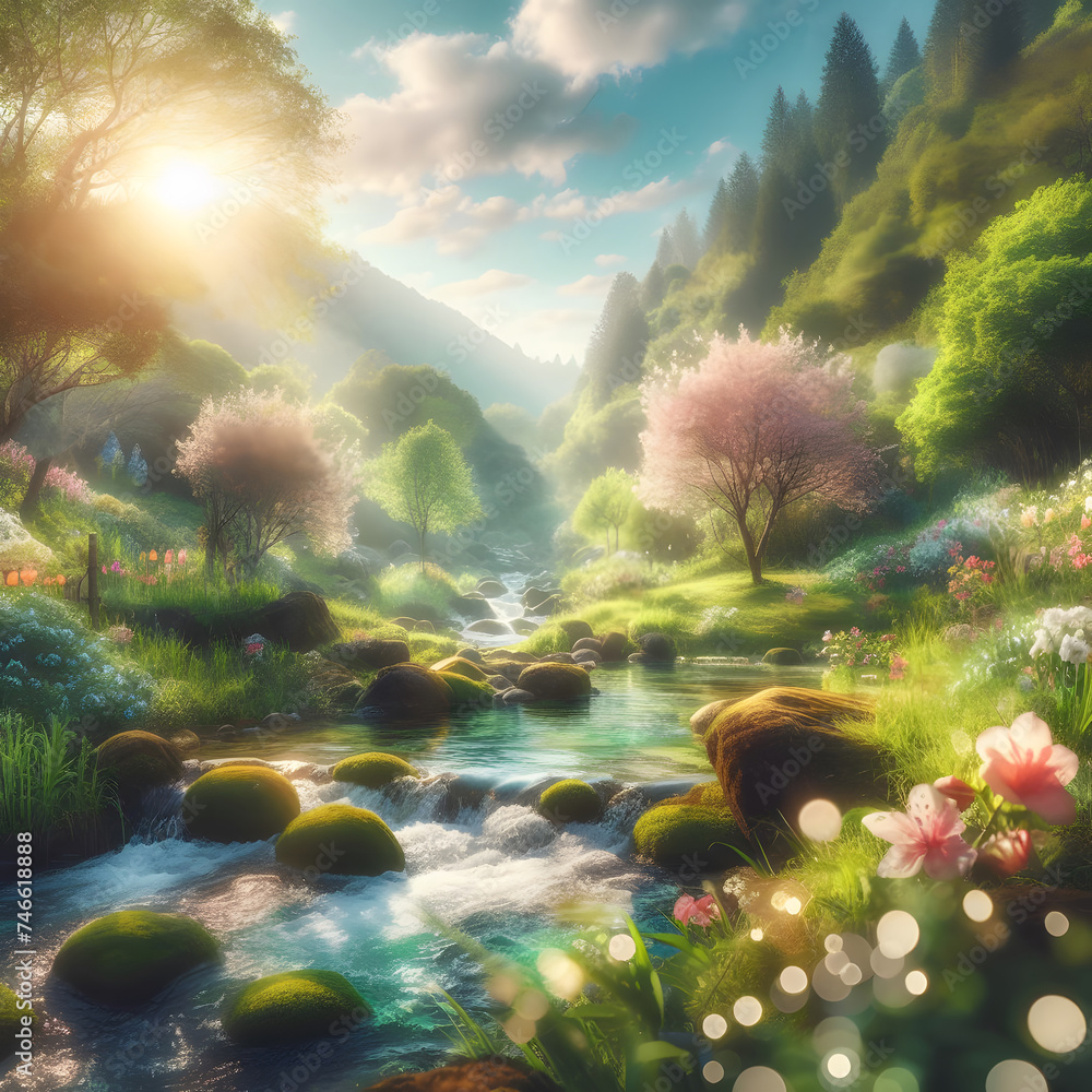 Poster realistic blurred spring background generative ai