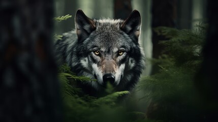 Close-up of a gray wolf in the wild