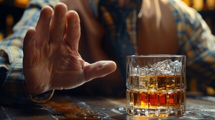 Close-up hand stop alcohol, Man's hand gesturing 'no' to a glass of whiskey. alcoholism treatment, alcohol addiction, quit booze, Stop Drinking Alcohol. unhealthy, alcohol rejection - obrazy, fototapety, plakaty