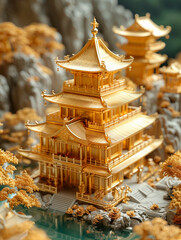 Ethereal Gold Architecture: Chinese ancient attic，Surreal 3D Landscapes with Intricate Weaving and Miniature Sculptures