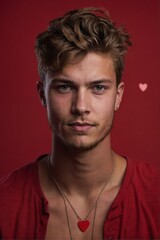 Fototapeta premium Man in Red Shirt With Heart Necklace. Generative AI.
