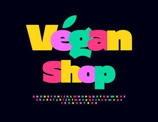 Vector business logo Vegan Shop with decorative Leaf. Colorful set of Alphabet Letters and Numbers. Creative bright Font.