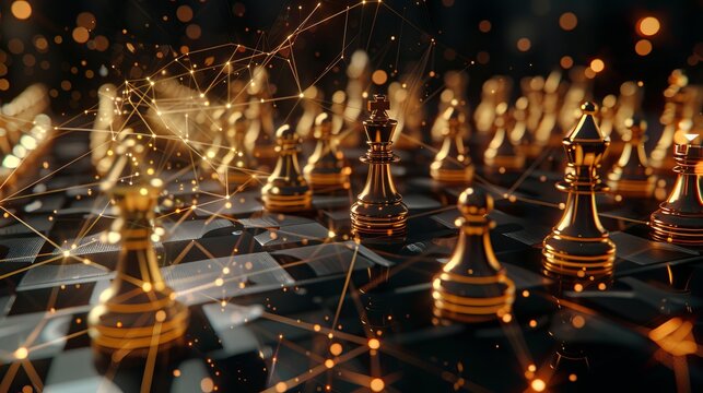 The concept of strategy ideas in business is depicted through a futuristic graphic icon featuring a golden chessboard game. This striking image combines elements of innovation and sophistication
