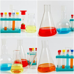 Collage of equipment for medical research on laboratory table.