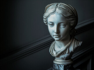 a marble bust of a young girl mounted on a mansion's staircase - 746619630