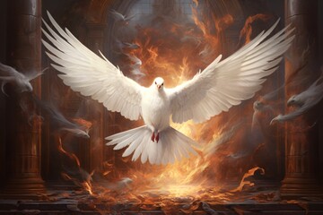 a white dove flying in front of a fire