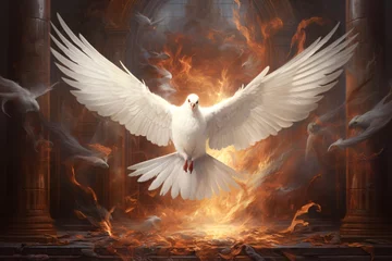 Dekokissen a white dove flying in front of a fire © Alex