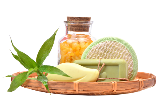 Soap,  salt and  bast for a peeling with  bamboo  in the basket isolated 