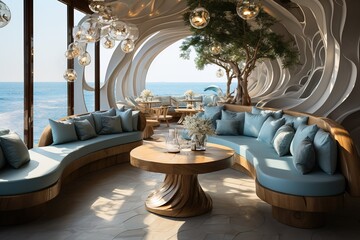 a cafe with tropical decorations and a restaurant at an open space, in the style of light white and light blue, wavy resin sheets, eco-friendly craftsmanship, organic material, cottagecore, naturecore - obrazy, fototapety, plakaty