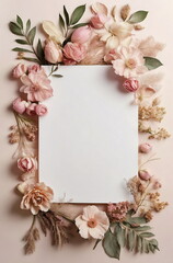 Greeting card mockup and beautiful pink  flowers frame on beige background with copy space. Empty blank sheet card mock up for holiday greetings, invitation. Mother's day, birthday