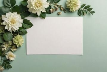 Greeting card mockup and beautiful white flowers frame on pastel green background with copy space. Empty blank sheet card mock up for holiday greetings, invitation.Mother's day, birthday. Minimalistic
