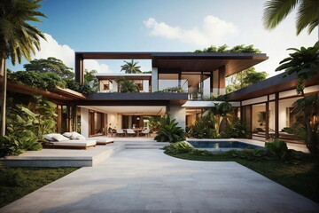 Fototapeta premium Modern house with relax terrace and swimming pool surrounded by beautiful nature.