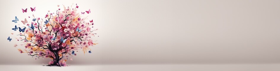 Naklejka premium Shot of Pink flowers tree plant with butterflies with copy space for text mockup Generative AI