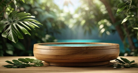 Wooden table top and podium with green leaves frame and blurred blue water background with copy space. Fresh ,relaxing spa concept, displays, podium, empty product presentation desk, visual layouts.