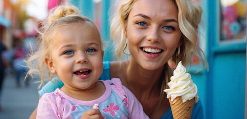 Happy young mother with her baby girl eating ice cream on the summer street. Banner. Copy space.