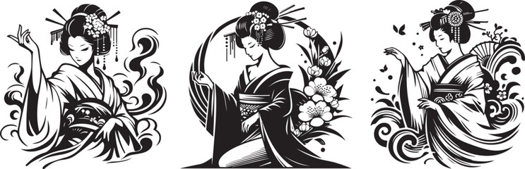 japanese geisha, beautiful woman full body vector laser cutting engraving