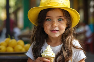 Cute little girl with freckles holding an ice cream on a city street. Summer vibes. Copy space.