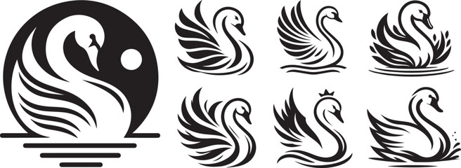swan, black and white decorative vector laser cutting engraving