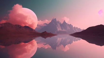 Fototapete Hell-pink A surreal minimalistic landscape with mountains and a lake with reflection. Pink clouds in the sky above the mountains