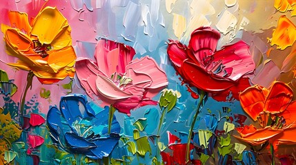 Vibrant Palette Knife Painting of Colorful Flowers