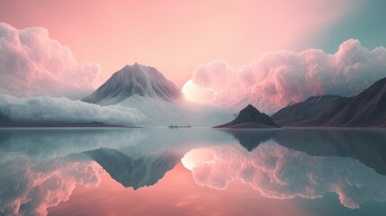 A surreal minimalistic landscape with mountains and a lake with reflection. Pink clouds in the sky above the mountains - obrazy, fototapety, plakaty