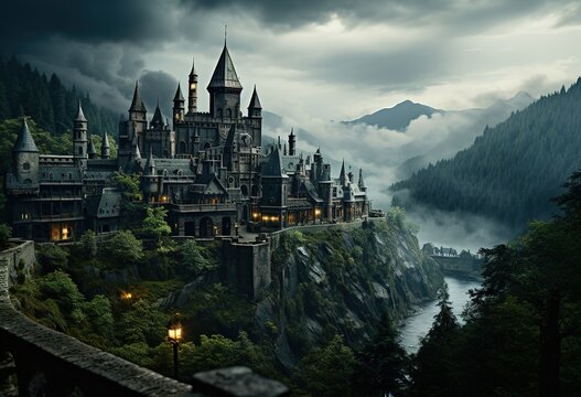 a castle towering over green trees and hills, in the style of mysterious backdrops, photography, dark sky-blue and silver, actionism