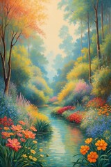 A Painting of a River Surrounded by Trees and Flowers. Generative AI.