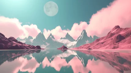 Photo sur Plexiglas Rose clair A surreal minimalistic landscape with mountains and a lake with reflection. Pink clouds in the sky above the mountains