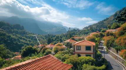 Fotobehang Madeira Village: A Symphony of Color Amidst Lush Mountains © Dimitri