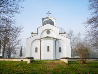 Rear view of St. Petkas church in Rupite next to Baba Vanga's house, early morning winter shot.