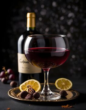 Copa con vino tinto sobre una charola con rodajas de naranja y chocolates al fondo una botella  negra y uvas en un fondo obscuro