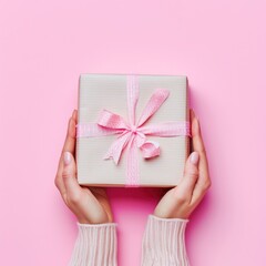 Woman holding gift wrapping box on a pink background