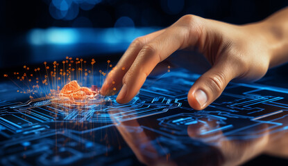 man hand pointing at something on his device while showing cyber, in the style of data visualization, light indigo and orange, precision engineering, fluid networks, generative ai