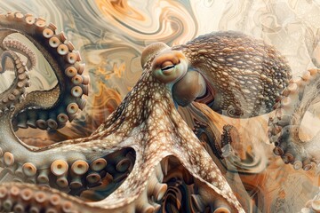 Naklejka premium A close-up of an octopus overlaid with the swirling patterns of ocean currents in a double exposure