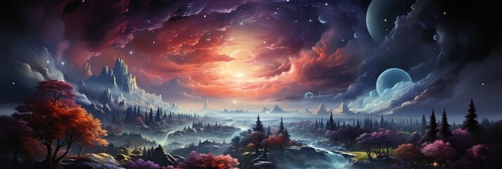 a christmas scene filled with lights, trees and hills, in the style of cosmic landscapes, colorful explosions, aurorapunk, smokey background