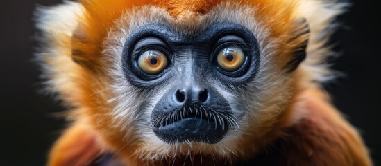 Fototapeta premium A close-up view of a monkeys face against a black background, showcasing the intricate features and expressions of the primate.