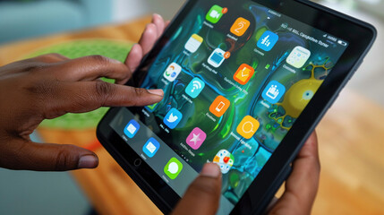 Close-up of Hands Using Tablet with Educational Apps