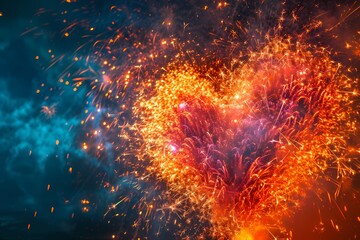 A stunning display of fireworks forming a giant sparkling heart in the night sky, with vibrant bursts of color and shimmering trails of light illuminating the surroundings. - Powered by Adobe
