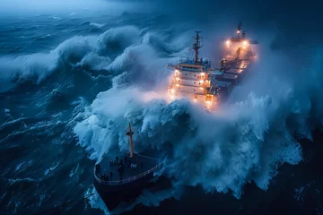 Tuinposter Dramatic Maritime Scene with Cargo Ship Engulfed by Powerful Storm Waves under Moonlight © pisan