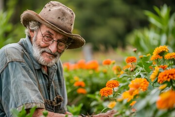 Smiling Senior Man with Beard Wearing Hat Tending to Garden Flowers in Lush Green Environment