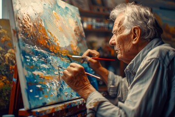 Senior Artist Painting a Colorful Landscape on Canvas in Art Studio with Natural Light and Art...
